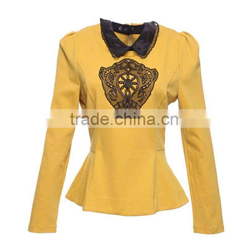 New designs fashion polyester and cotton ruffle bottom long sleeves lace collar and embroidery custom camo jacket fashion