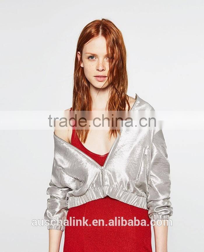 new style autumn cheap sliver satin plain front zipper baseball jackets