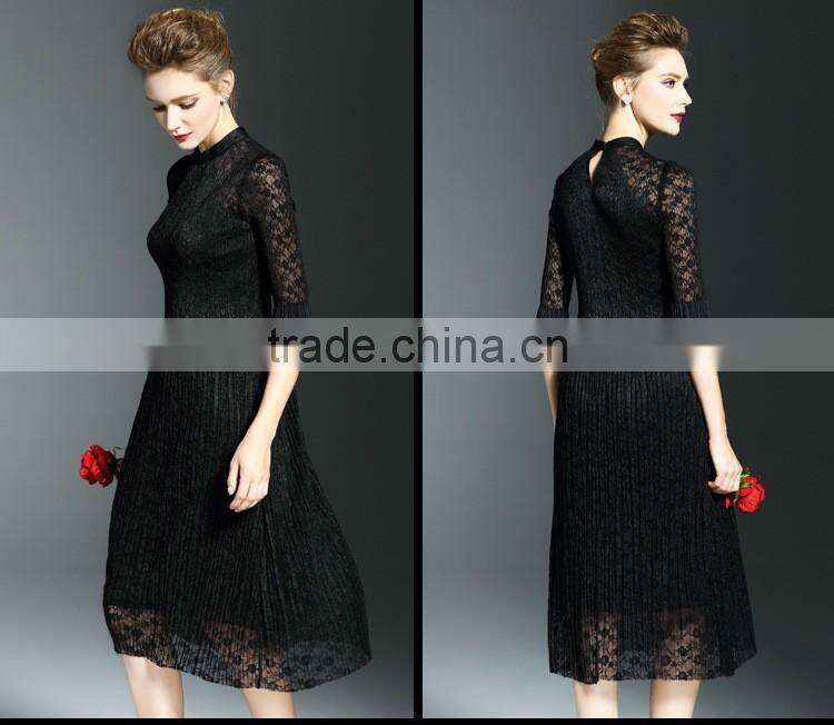 Elegant lady lace hollow out embroidery A-line pleated fold lace dress