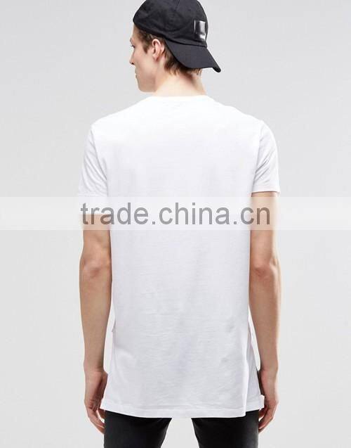 Wholesale men 100% coton super longline stepped hem plain white t-shirt in bulk