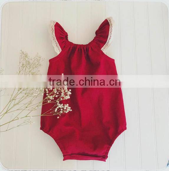New Casual Design Brick Red Linen Boutique Kids Clothes Summer Baby Romper