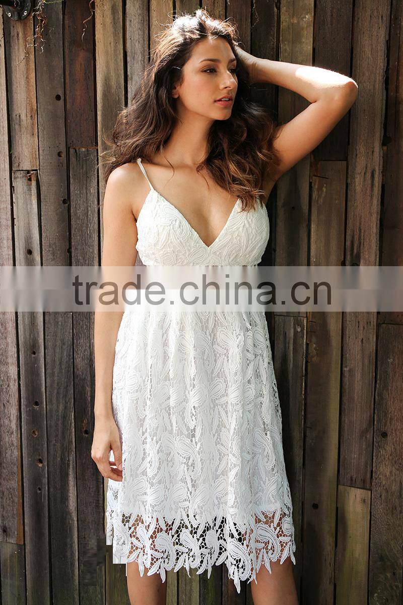 High quality Deep V padded backless white lace dress Lined summer dress women sundress Sexy hollow out party dress