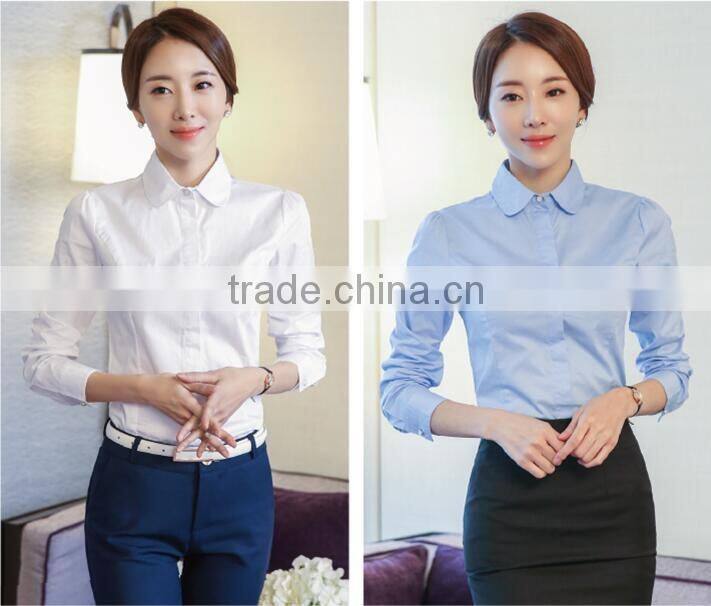 Custom Long Sleeve Office Formal White And Blue Cotton and Polyester Mix Blouse