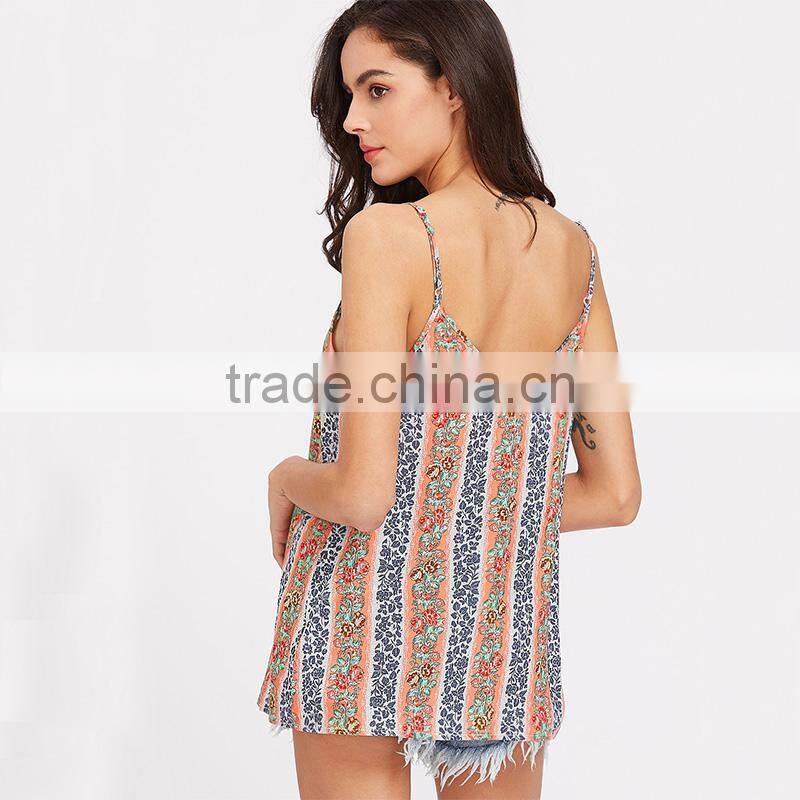 Fashion Floral striped double V-neck top, ladies sexy cami top