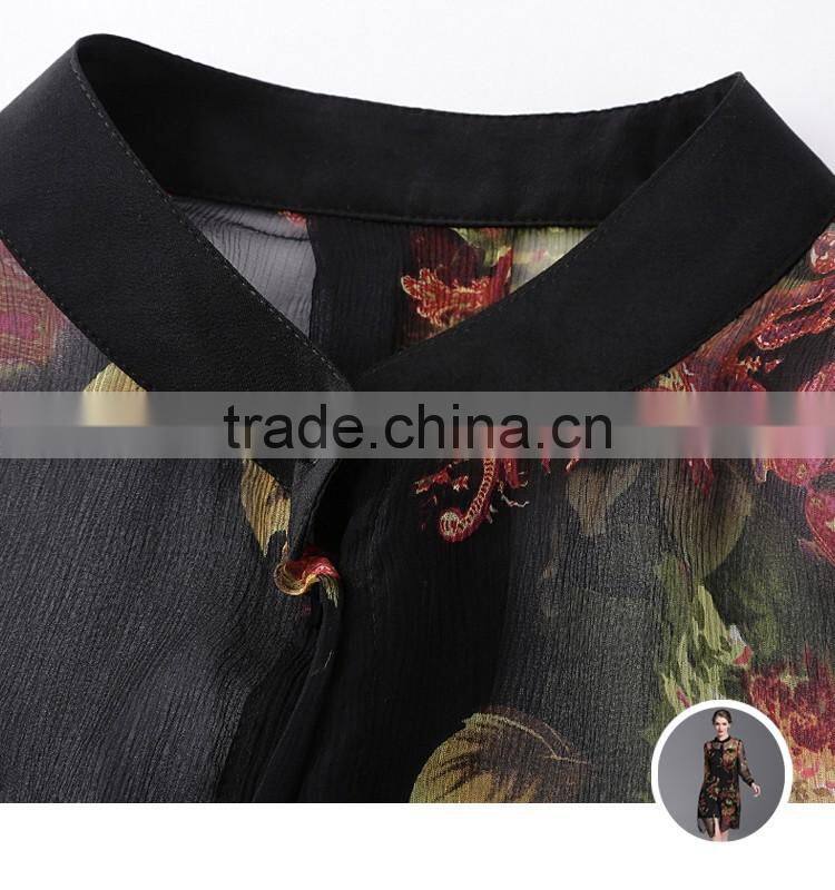 2016 spring summer pure true button-up silk long sleeve shirt dress