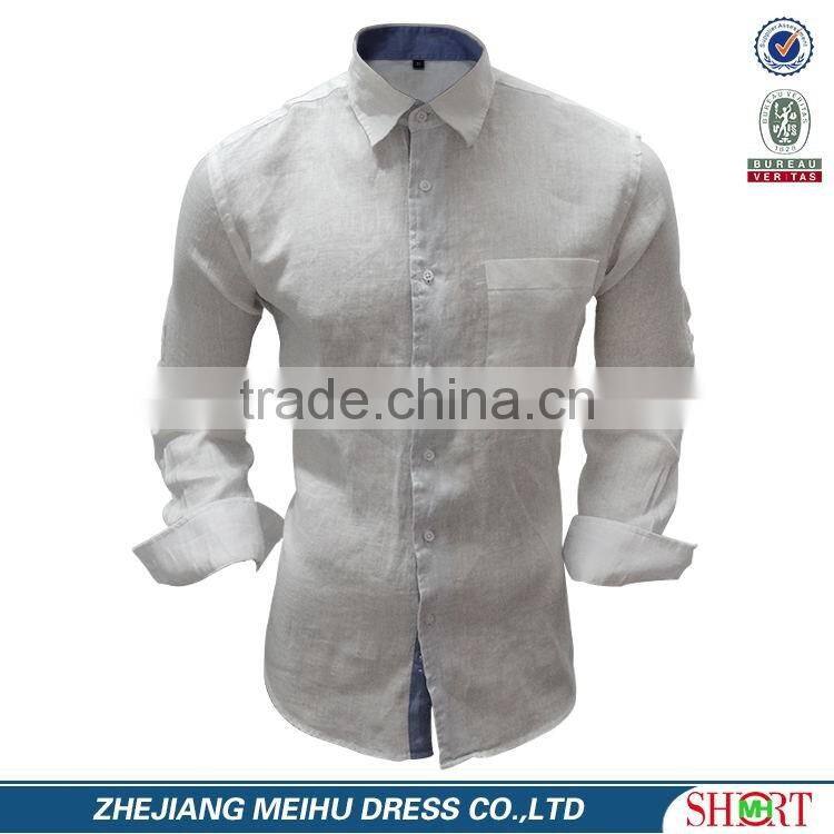 2017 latest pattern linen fabric casual mens shirts with contrast color on the collar