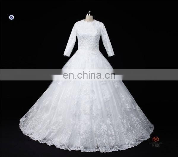 HMY-E0363 Scoop Neckline Heavily Appliqued Lace Floor Length Muslim Long Sleeve Wedding Gown 2016