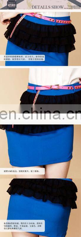 2013lastest design blue splicing with black three layer chiffon like agaric casual skirt