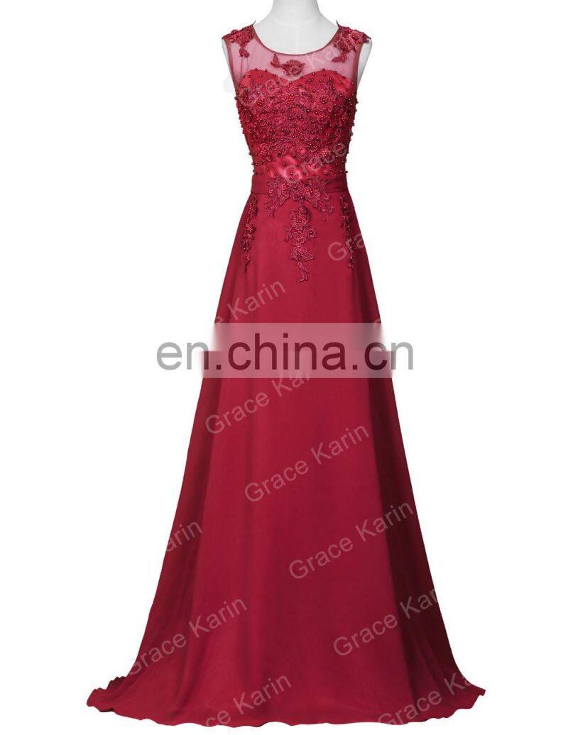 Grace Karin Long A-line Chiffon Sleeveless Women Formal Wine Red Prom Dress abendkleider CL007555-5