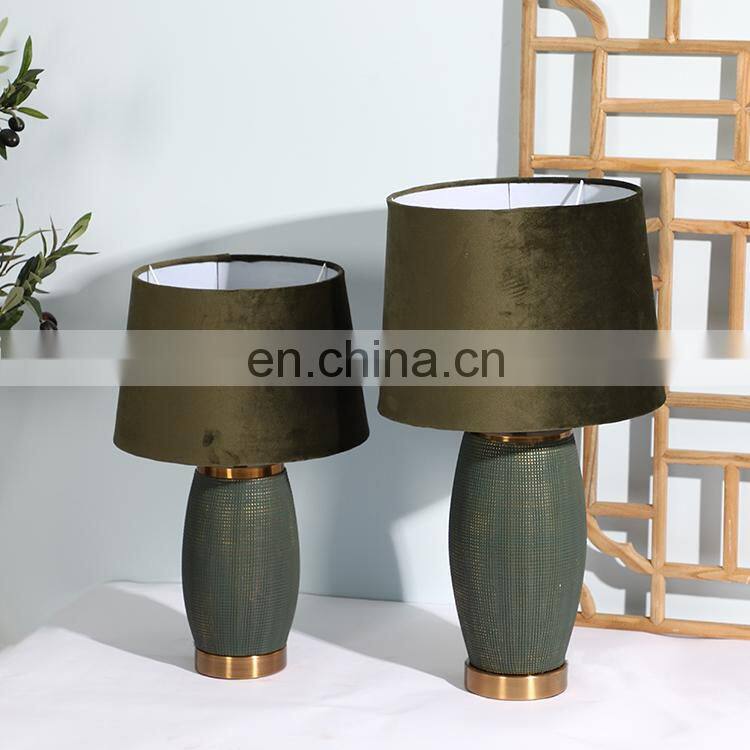 Unique relief surface design green cylinder shape hotel ceramic night lamp for living room