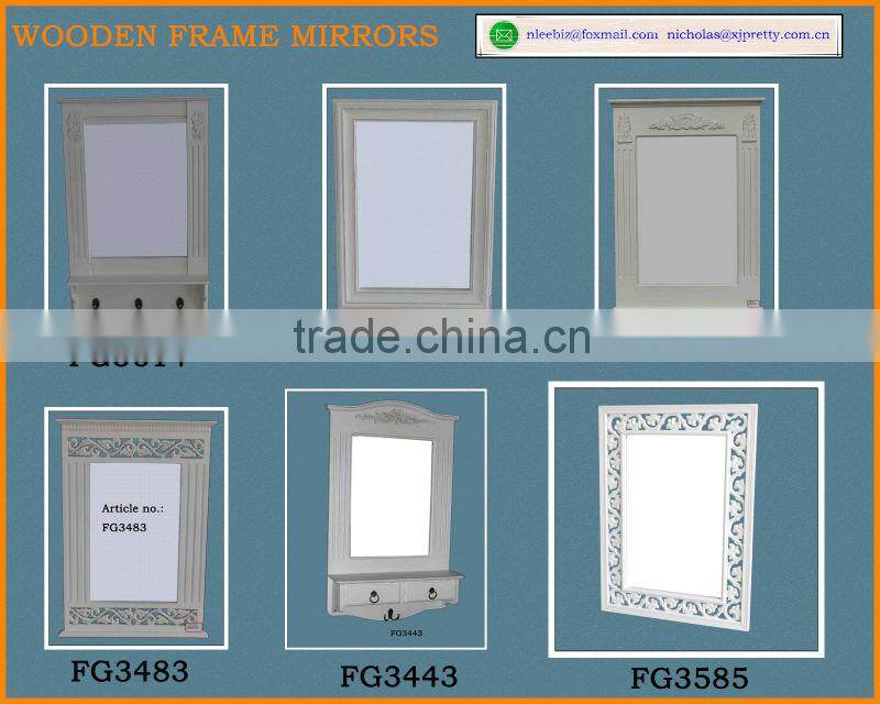 white color wooden framed mirror with carving / wooden decor carved mirror / wall decorative mirror