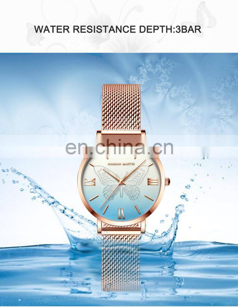 Hannah Martin 13620 Women Watch Luxury 3D Butterfly Rose Gold Mesh Strap Japanese Movement Waterproof Quartz Women Wristwatch