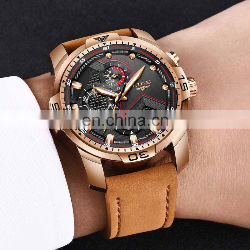 LIGE 9923 Mens Quartz Watch Multifunction Chronograph Fashion Waterproof Leather watch men luxury