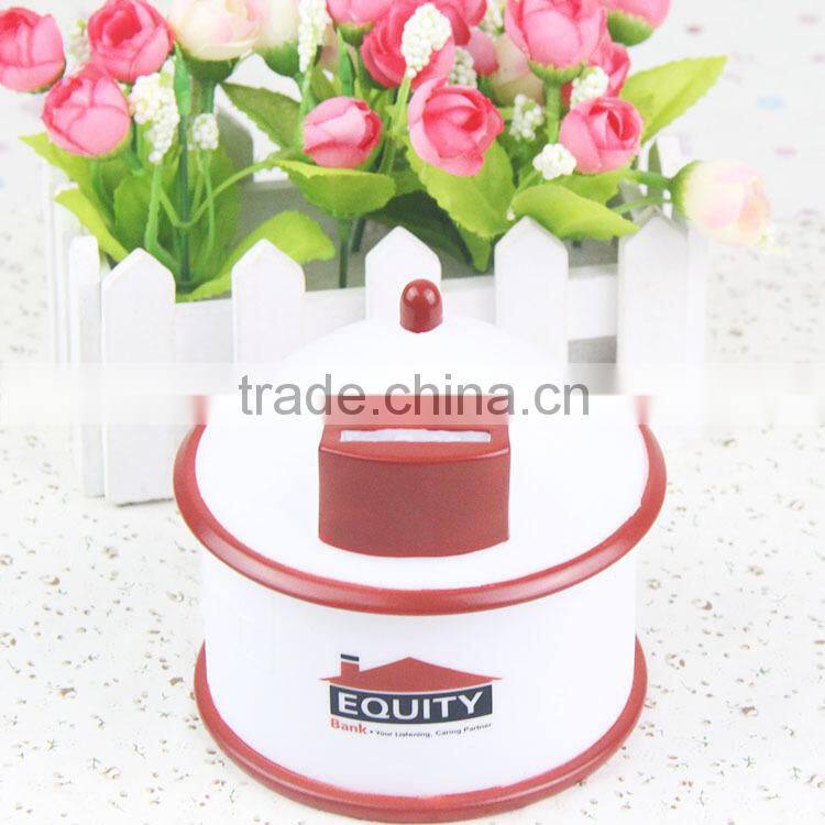 plastic pvc house shape coin bank with lock for kids