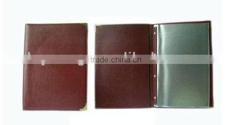Leather Binding Restaurant Transparent Menu Cover with Metal Cornor