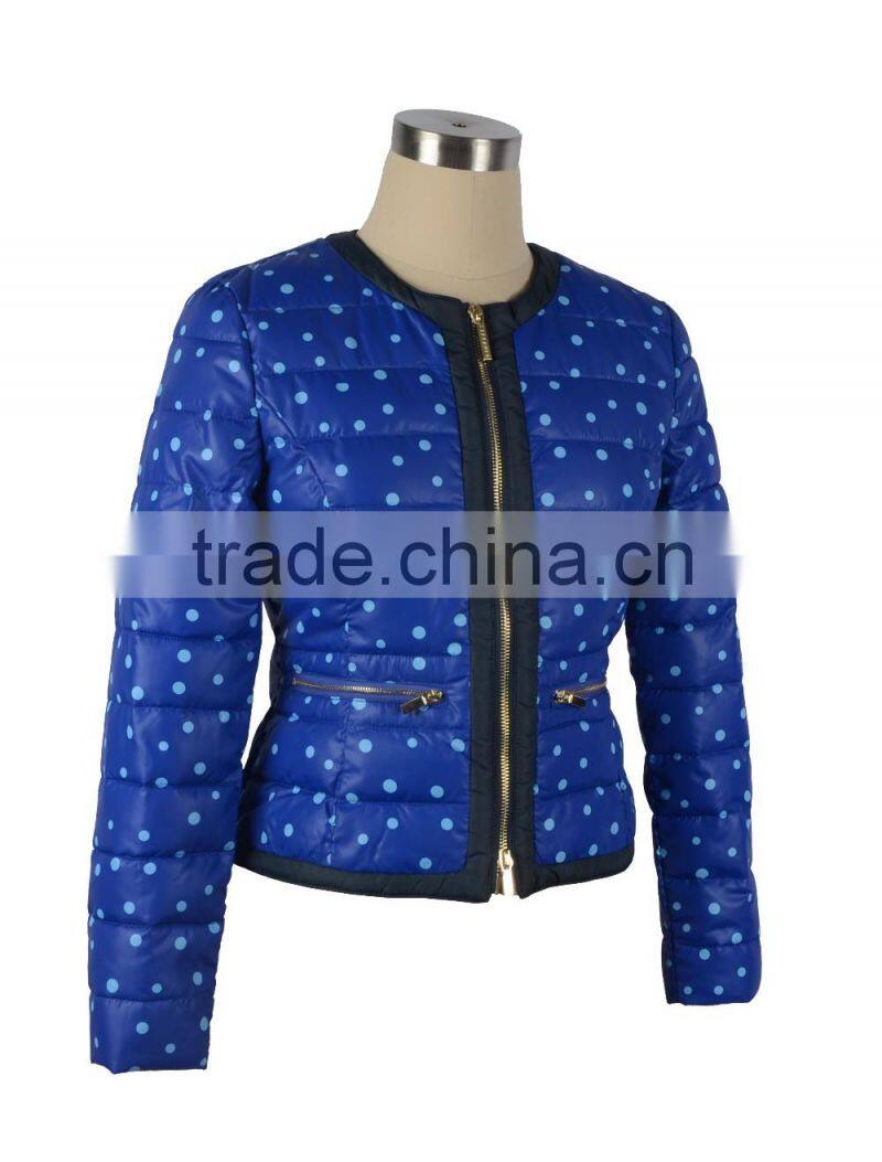 women's collarless padded jacket.