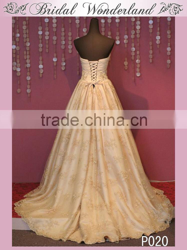 Long lace champagne color evening dress for wedding