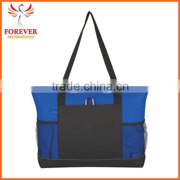 Wholesale 600 D Denier Polyester Top Zippered ClosureTote Bag With Mesh Pocket