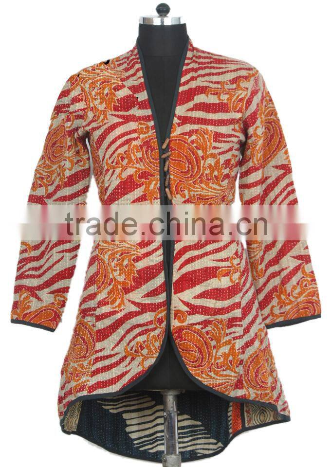 RTHCJ-22 Green Vibrant Color reversible cotton kantha Winter Jackets For Girls Abstract Designer Print Full sleeve size Jaipur
