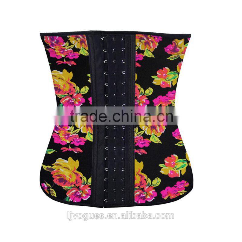Floral Pattern Printing Latex Corset 9 Steel Bones Underbust Waist Cincher Front Open Training Bustier