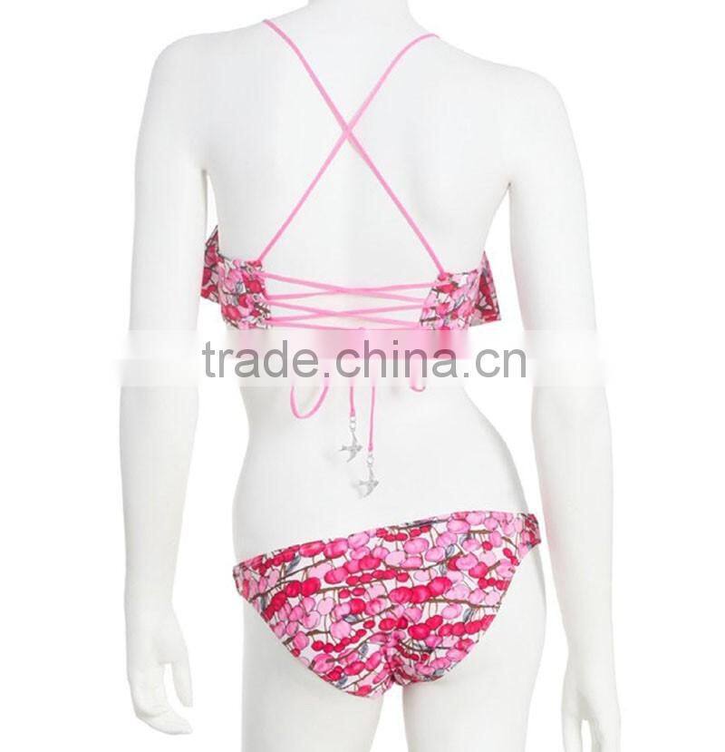 Cherry printed pink flounce top hot korean teen girl bikini with cross back