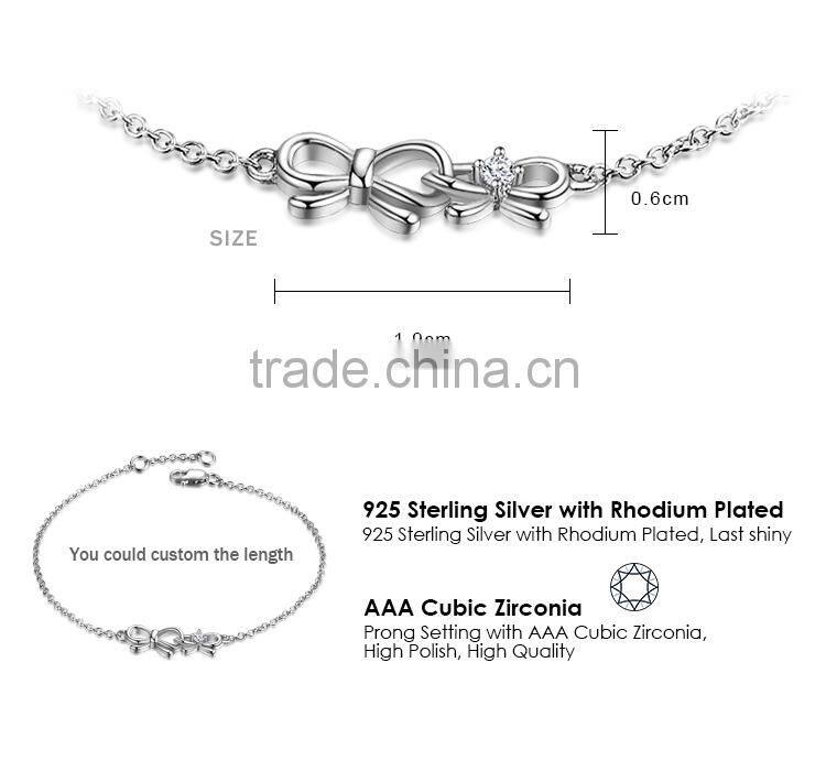 New 925 Sterling Silver Double Bows Chain Bracelet Fashion Bangle Bracelets