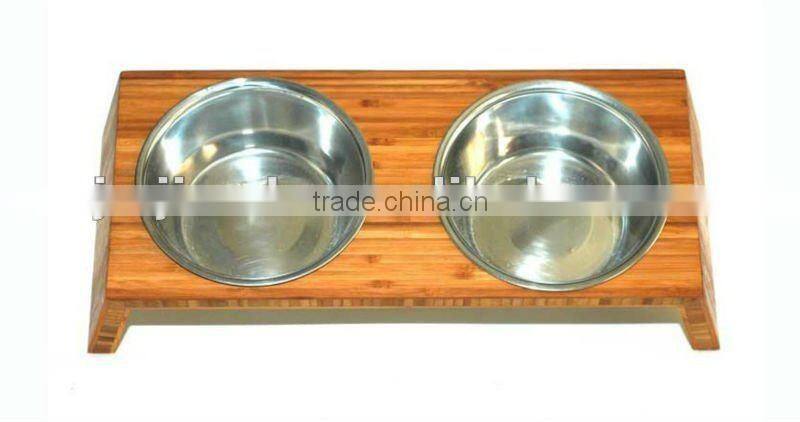 Bamboo double diner pet bowl with stainless steel bowl