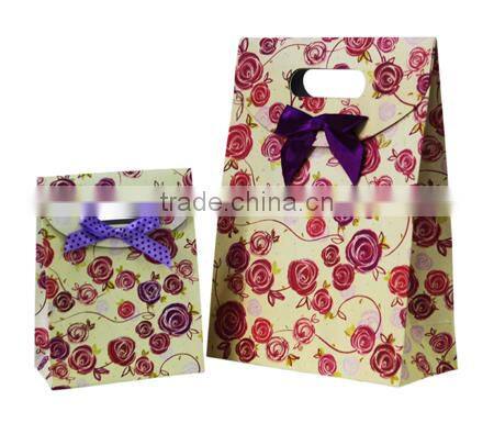 Beauty paper gift bag with polyester rope, pink print and nice design,OEM orders are welcome