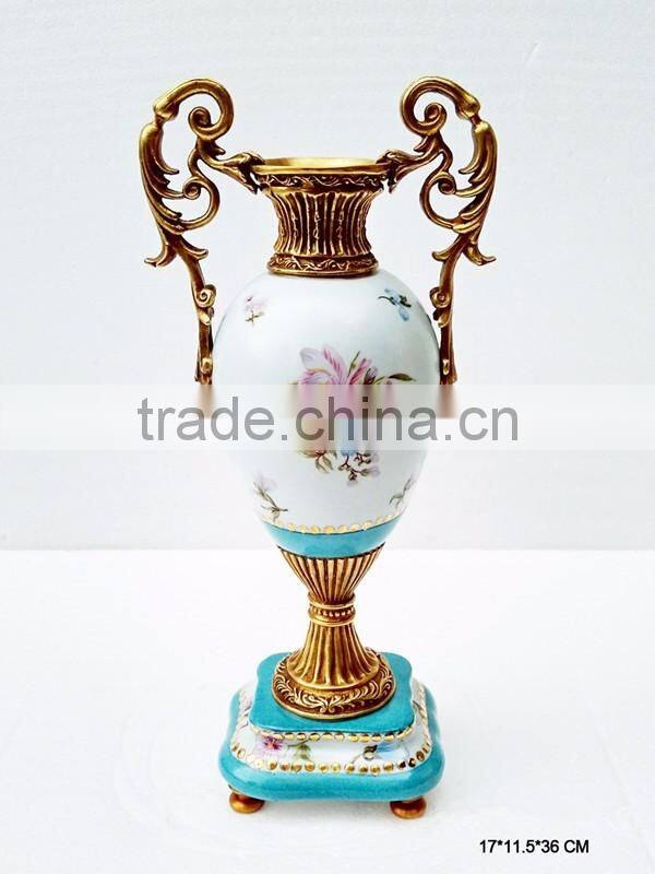 Elegant Design Huge Ceramic Prize Cup With Bronze Bird's Handles, Elegant Blue and White Painting Porcelain Trophy Vase