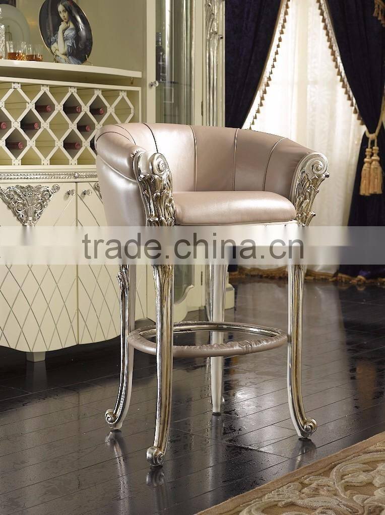 Comfortable French Louis XV Style Bar Chair, Silver Foil Leather Seat Bar Chair