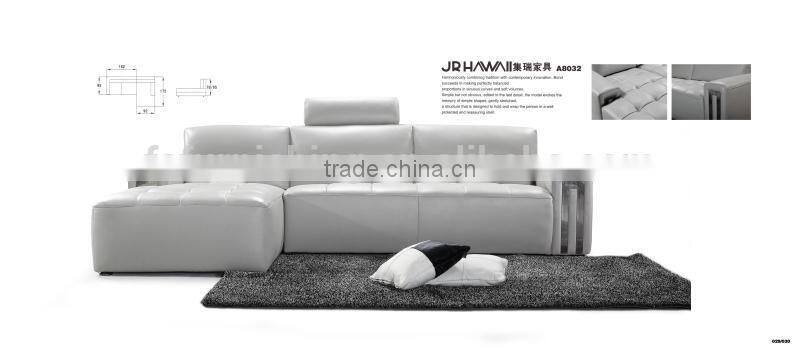 JR8032elegant chic contemporary white cow leather stainless steel metal L shape living room sofa set home furniture