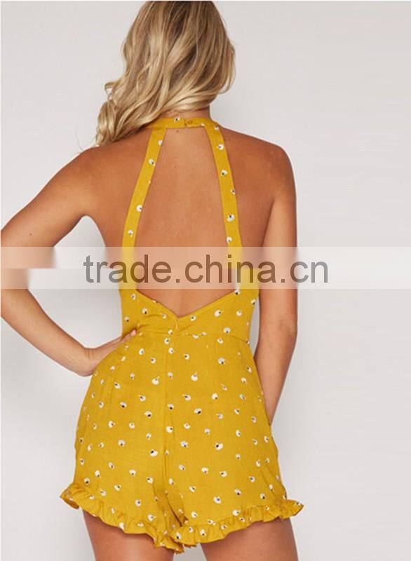 Woman Halter Backless Sleeveless Floral Print Fashion Romper