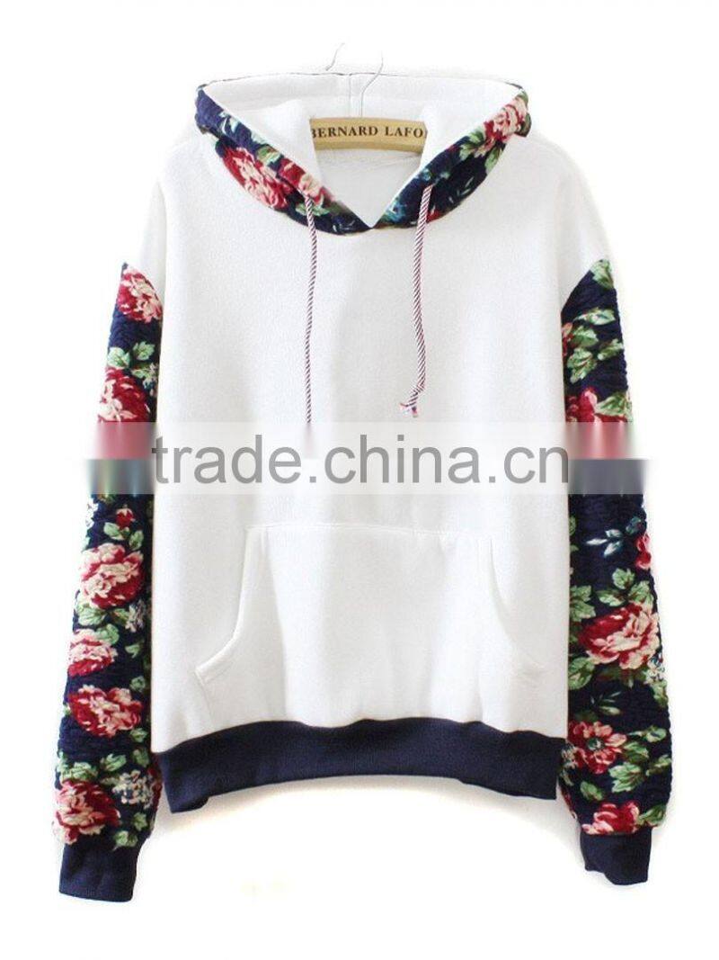 Women White Floral Long Sleeve Drawstring Hoodie