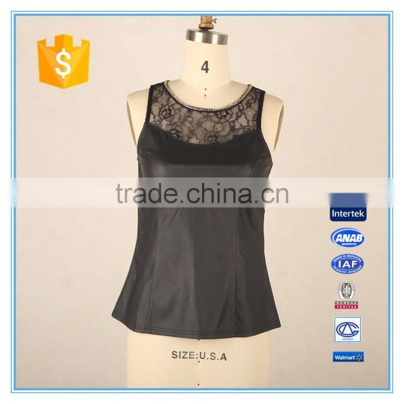 Women Custom Pu Leather Fabric Neck Chain Design Lace Patchwork Tank Top