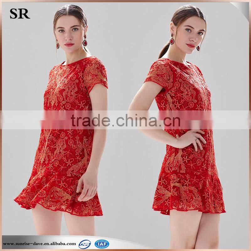 ladies fashion crochet rayon short sleeve lace casual dress