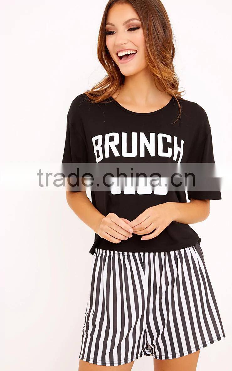 Top Selling Women Cotton Pajamas Custom Logo Print Summer Pyjama Short Sleeve Top With Stripes Shorts
