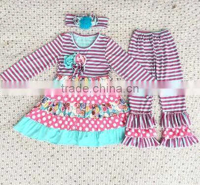2016 Hot Sale Girls Pajama fashion christmas ruffle striped outfits Baby Sleeping Clothes Top and Pants set