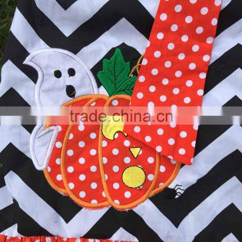 2015 new arrival girl pumpkin dress kids boutique dress halloween dress chervon dress with necklace and bow