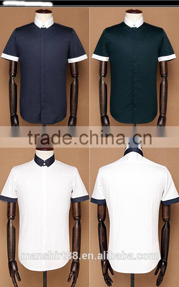 New design simple fashion contrast collar short sleeves men fit dress shirts
