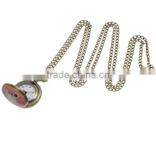 Round Antique Bronze Owl Pattern Halloween Enamel Pink & White & Green Pocket Watches 85cm