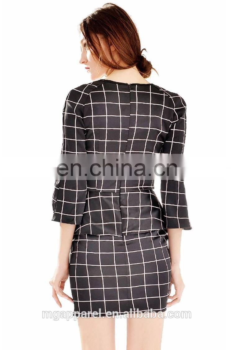 2015 new product elegant fancy windowpane plaid print women peplum dress long sleeve wholesale