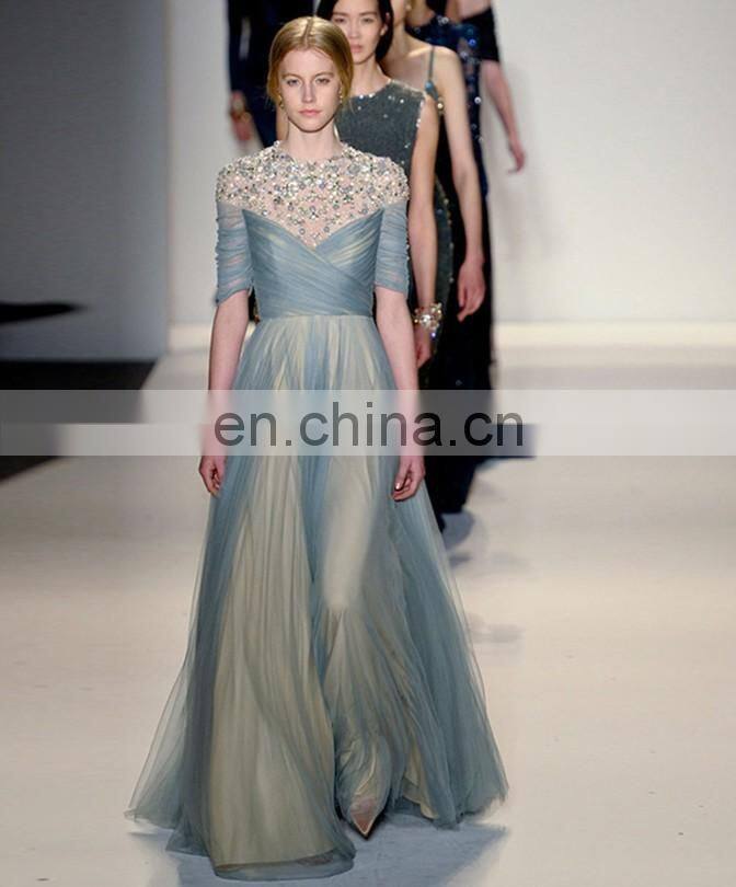 Wholesale Luxury Sequin Blue Half Sleeve Wedding Annual Party Evening Dress