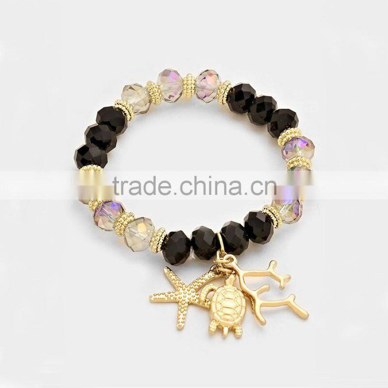 Metal Starfish and Turtle Charm Beaded Stretch Bracelet Sea Life Jewelry