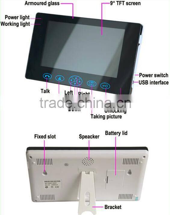 Hot selling 9''color wireless video door bell,alarm video intercom doorbell,wireless unlocking
