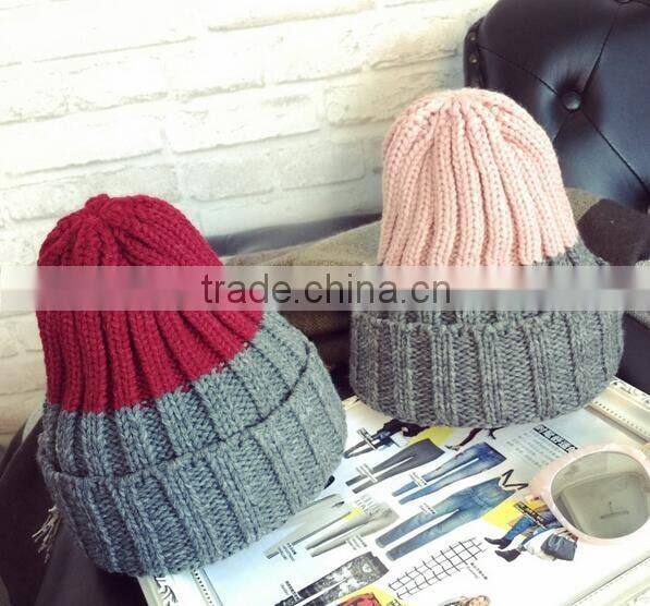 Hot Selling Peaked Top Two Tone Colors Rolled Brim Crochet Knitting Hat and Cap