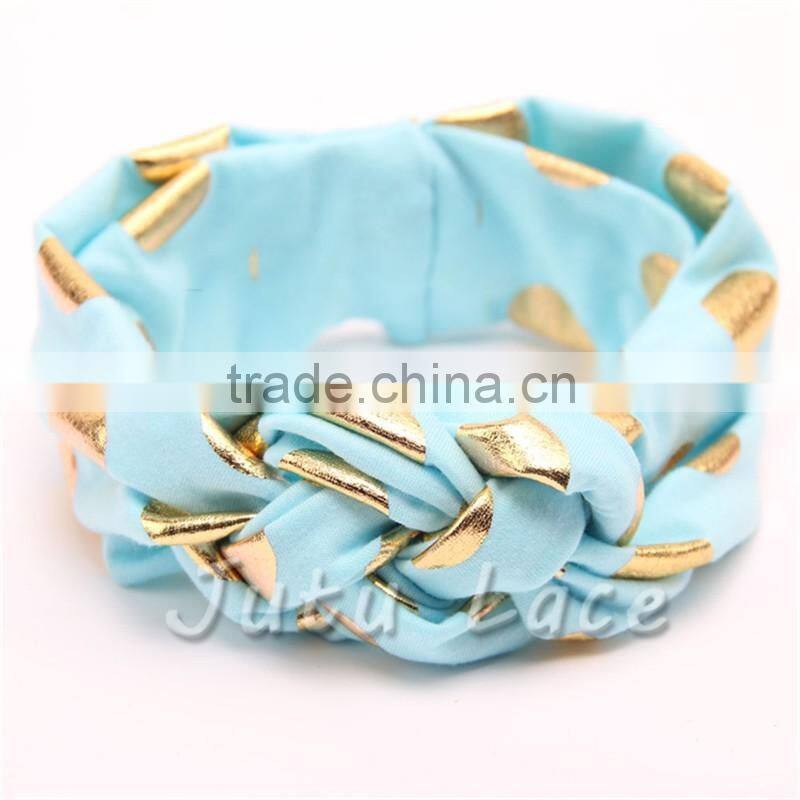 Cotton fabric golden polka-dots bow headbands - foil gold wide elastic knitted headwraps