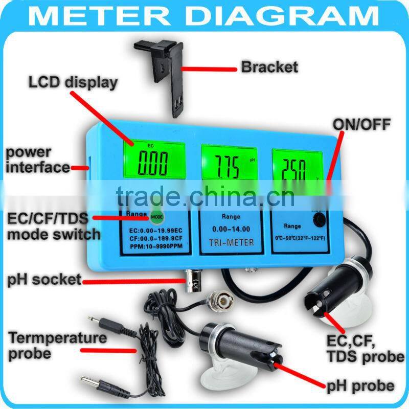 3 LCD Water Quality Tester Digital Meter Aquarium EC CF TDS PH Temp Degree C Backlight