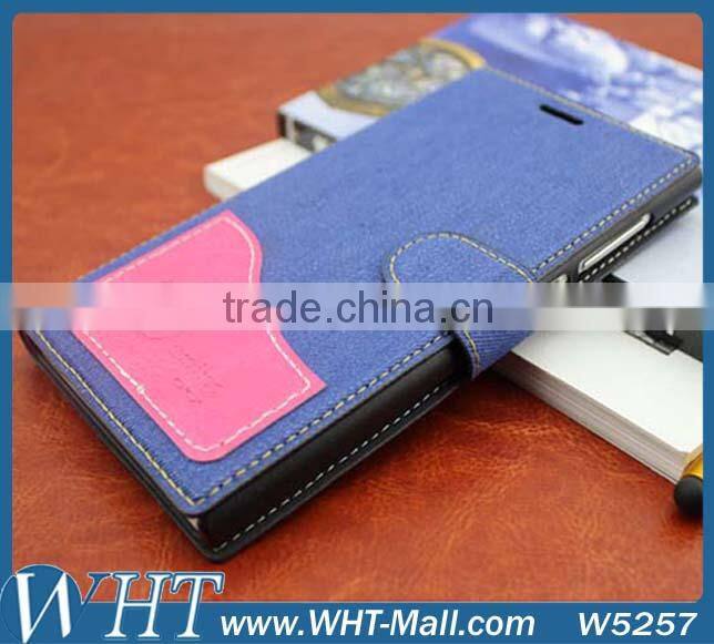 for XiaoMi Mi3 Wallet Stand Cover Folio Jeans Leather Case with Built-in Card Slot Factory Price