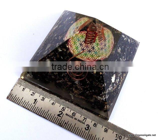 Quality Big Orgonite Black Tourmaline Pyramid With Flower Of Life Symbol With Crystal Point | Healing Pyramid