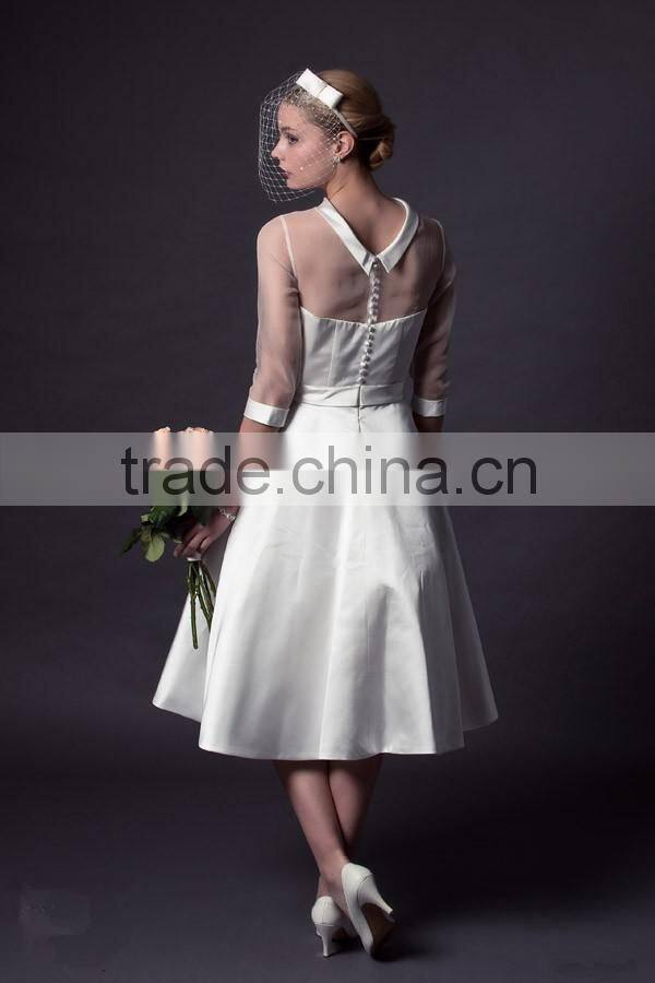 (MY0509) MARRY YOU 2016 Short High Neck Soft Satin Tea Length Wedding Dresses With Sleeves